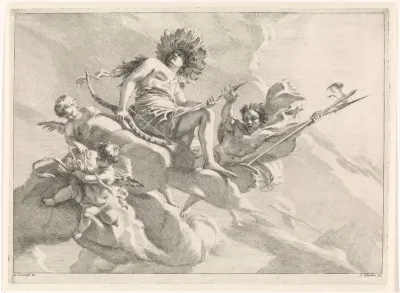 Diana met pijl en boog op een wolk