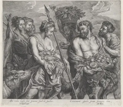 Diana returning from the chase, accompanied by dogs and her nymphs at left, two satyrs at right