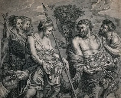 Diana returning from the chase bearing dead birds meets Pan holding grapes and other fruit