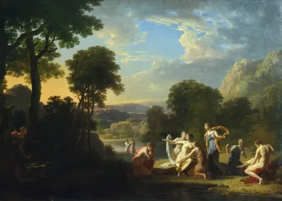 Diane et ses nymphes au bain surprises par Actéon. Effet de soleil couchant