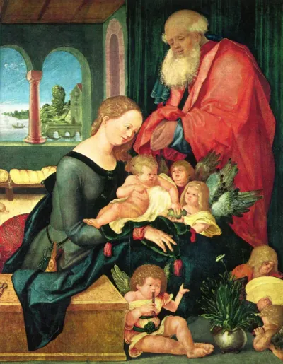 Die Heilige Familie im Gemach mit fünf Engeln