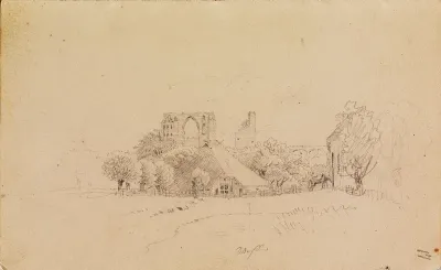 Die Ruine Eldena mit Schilfgedecktem Bauernhaus und Teich
