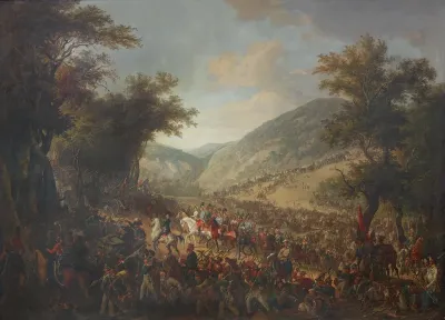Die verbündeten Heere, Kaiser Franz I. (II.) von Österreich mit dem Kronprinzen Ferdinand an der Spitze, überschreiten im Juli 1815 die Vogesen