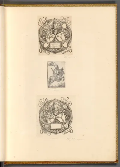 Die Wappen von Christoph III. Scheurl und Sabina Geuderin; Der orientalische Reiter (Holzschnitt zu Aeneas Sylvius Piccolomini, De Asia, Köln 1531, fol. A8v)