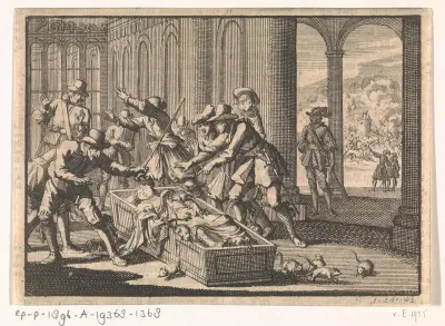 Dienaren van de hertog van Aumale trachten de ratten in zijn doodskist te verjagen, 1591
