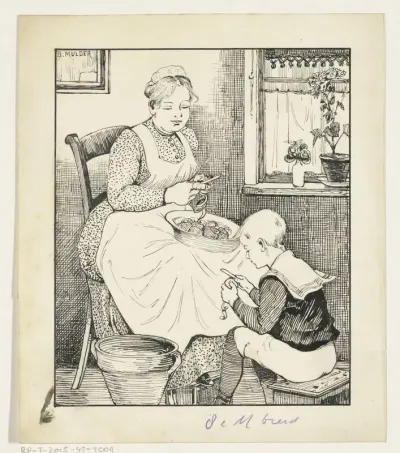 Dienstmeid en jongen schillen aardappelen