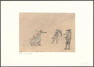 Dienstmeid met een zeer lange luifelhoed, een aanspreker en Christiaan Andriessen trotseren wind en regen