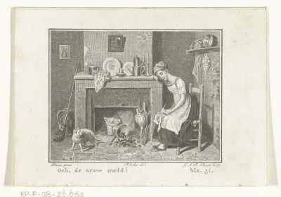 Dienstmeid zit slapend op stoel bij haard en kat gooit pan om