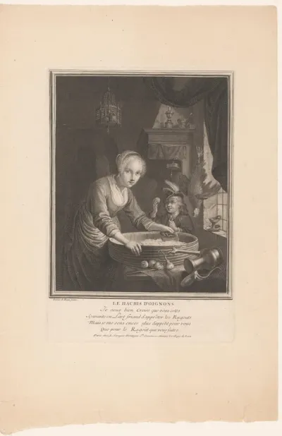 Dienstmeisje hakt uien in een keuken