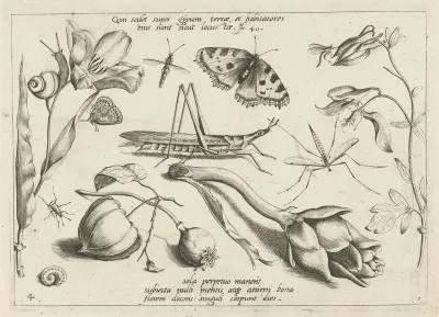 Dieren en planten rond een sprinkhaan en een artishock