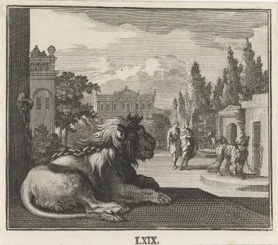Dierentuin met op de voorgrond een leeuw