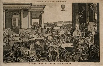 Different attributes and displays of the arts and sciences in a classical courtyard
