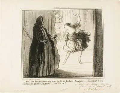 “- Difficult to imagine that in my days I also was an acclaimed Spanish dancer... nowadays only my castanets are Spanish... what a drag...,” plate 11 from Croquis Dramatiques