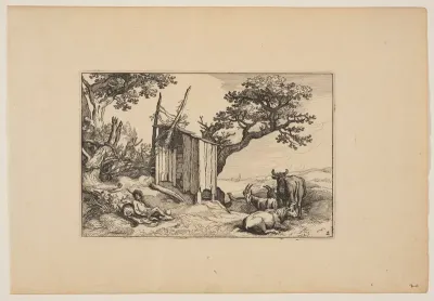 Dilapidated Barn with Herd and Cattle, from Landscapes (Verscheyden aerdige Lanthuysen...)