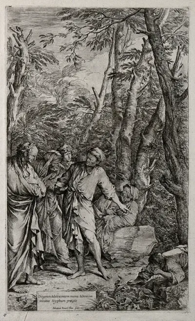 Diogenes casting away his bowl as he sees a young man drinking out of his hands