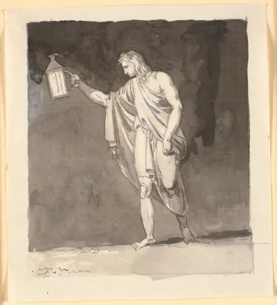 Diogenes der lyser i mørket med en lygte