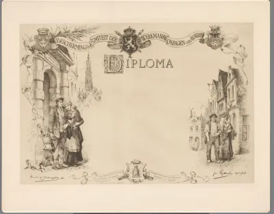 Diploma met links en rechts een familie op straat