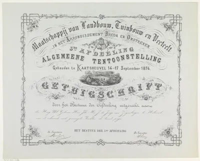 Diploma van de Maatschappij van landbouw, tuinbouw en veelteelt voor de schoonste niet gevraagde vruchten van J. de Jonge van Zwijnsbergen