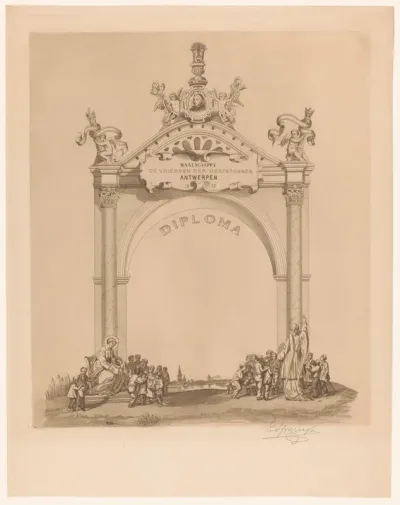 Diploma van Maatschappij de Vrienden der Doofstommen te Antwerpen met bovenaan een portret van Charles Michel de l'Epee