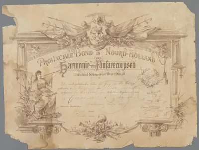 Diploma voor de eerste prijs van een wedstrijd georganiseerd door de Provinciale Bond in Noord-Holland van harmonie- en fanfarecorpsen