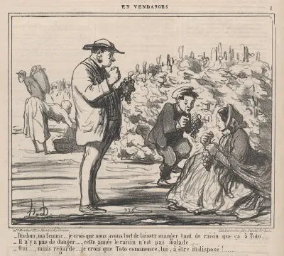 Dis-donc, ma femme.... je crois que nous avons tort de laisser manger tant de raisin que ça à Toto ....., from En Vendanges, published in Le Charivari, September 21, 1859