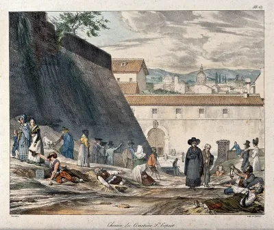 Disabled and paralysed people lying outside a wall of the cemetery Santo Spirito in Rome begging for alms from passers-by