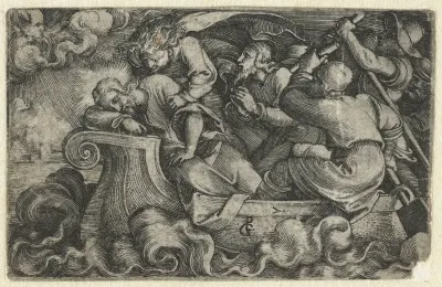 Discipelen wekken slapende Christus tijdens storm op Meer van Galilea
