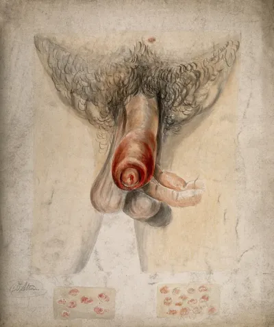 Diseased and inflamed penis with details showing areas of diseased skin on the upper arm and sternal region