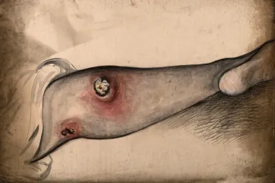 Diseased skin and abcesses on a leg