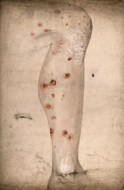 Diseased skin and sores on the leg of a man suffering from syphilis
