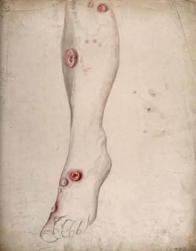 Diseased skin and sores on the leg of a woman