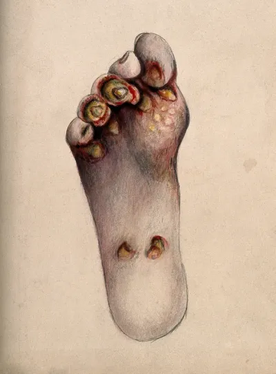 Diseased skin and sores on the toes and sole of a woman's foot