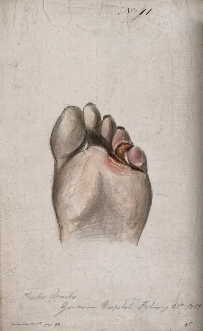 Diseased skin on the toes and sole of a man's foot