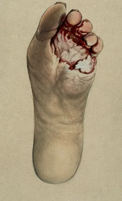 Diseased skin on the toes and sole of a woman's foot