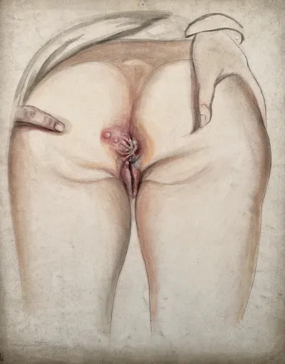 Diseased skin surrounding the anus of a woman, as seen from behind, with two fingers holding the buttocks apart