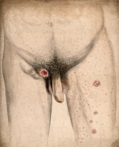 Diseased tissue and swellings in the groin area and thighs of a man