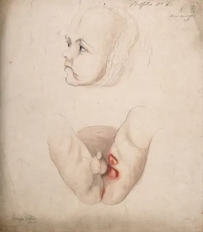 Diseased tissue around the anus and genital area of a nine month old baby boy, with a detail showing the baby's face