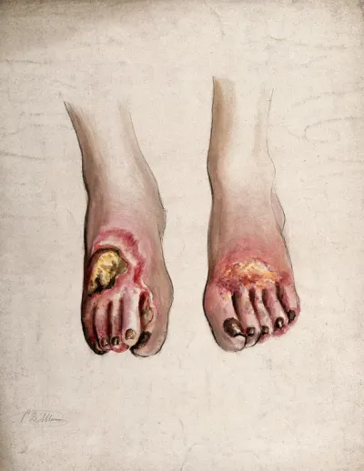 Diseased tissue on the feet of a woman, showing symptoms of sloughing phagedena