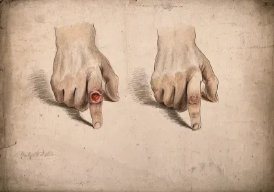 Diseased tissue on the finger of a man: shown before and after treatment (?) Watercolour by C