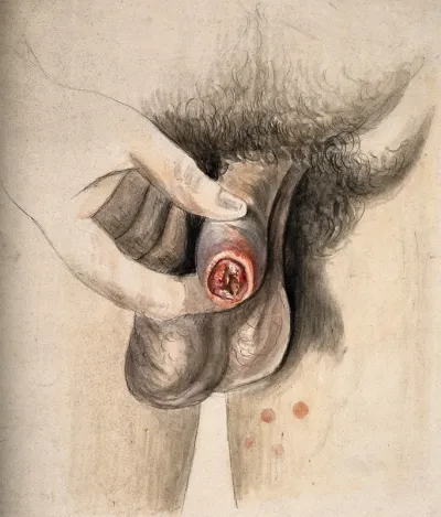 Diseased tissue on the penis and thigh of a man