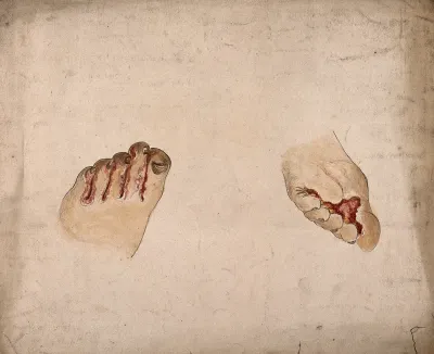 Diseased tissue on the toes and feet of a woman