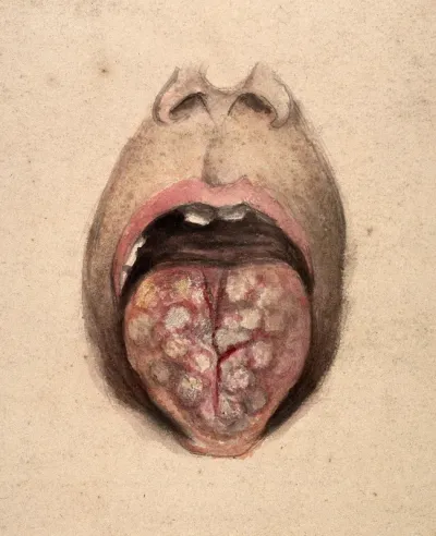 Diseased tissue on the tongue of a man suffering from syphilis