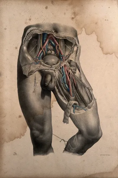 Dissection of the abdomen and thigh of a standing man, showing major blood-vessels