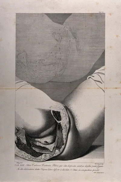 Dissection of the female pelvis, showing part of the rectum and genital area, with an outline diagram above