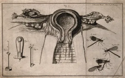 Dissection of the female reproductive organs, showing an ectopic pregnancy, together with illustrations showing surgical apparatus (?) and two insects mating