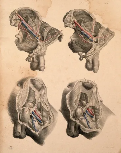 Dissection of the left groin of a man with hernia: four figures
