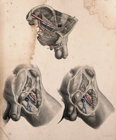 Dissection of the left groin of a man with hernia: three figures