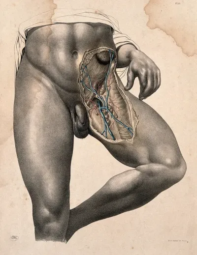 Dissection of the left groin of a standing man