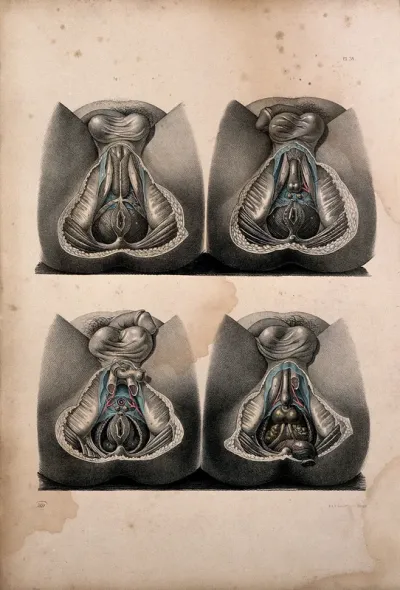 Dissection of the perinaeum of a man: four figures