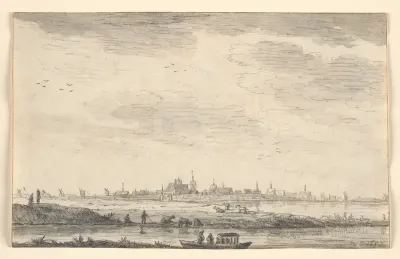 Distant Town Seen across Water and Fields
